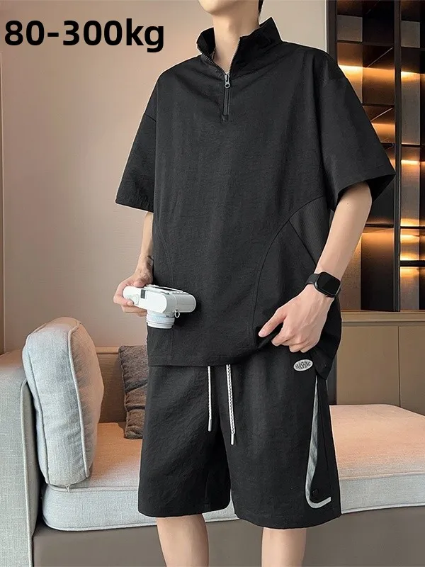 

plus Size Casual Sports Set Men's Summer ort Sve orts Trendy plus Size Loose Fit Two Piece Set Polyester Fabric S...