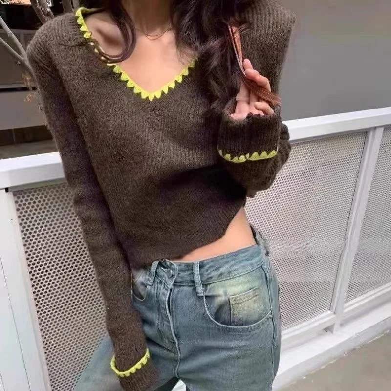 Korean Contrast Color Cropped Sweater Pullover Women Autumn V-Neck Knitted Pullovers Y2K Streetwear Long Sleeve Knitting Jumpers