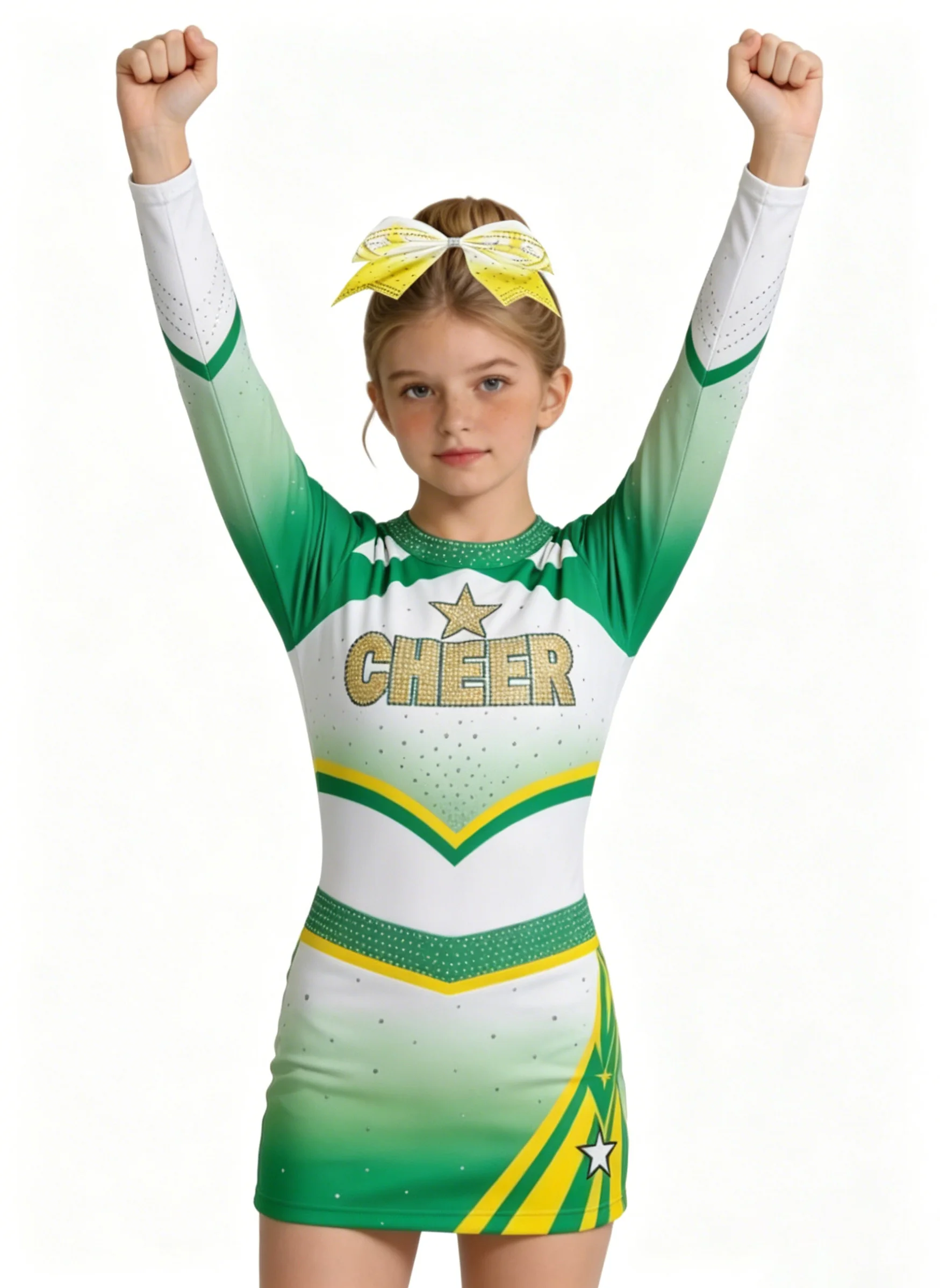 Girls Cheerleading Uniform Long Sleeve Green Gradient Rhinestone Cheer Dress Bow Kid Cheerleader Costume Performance Competition