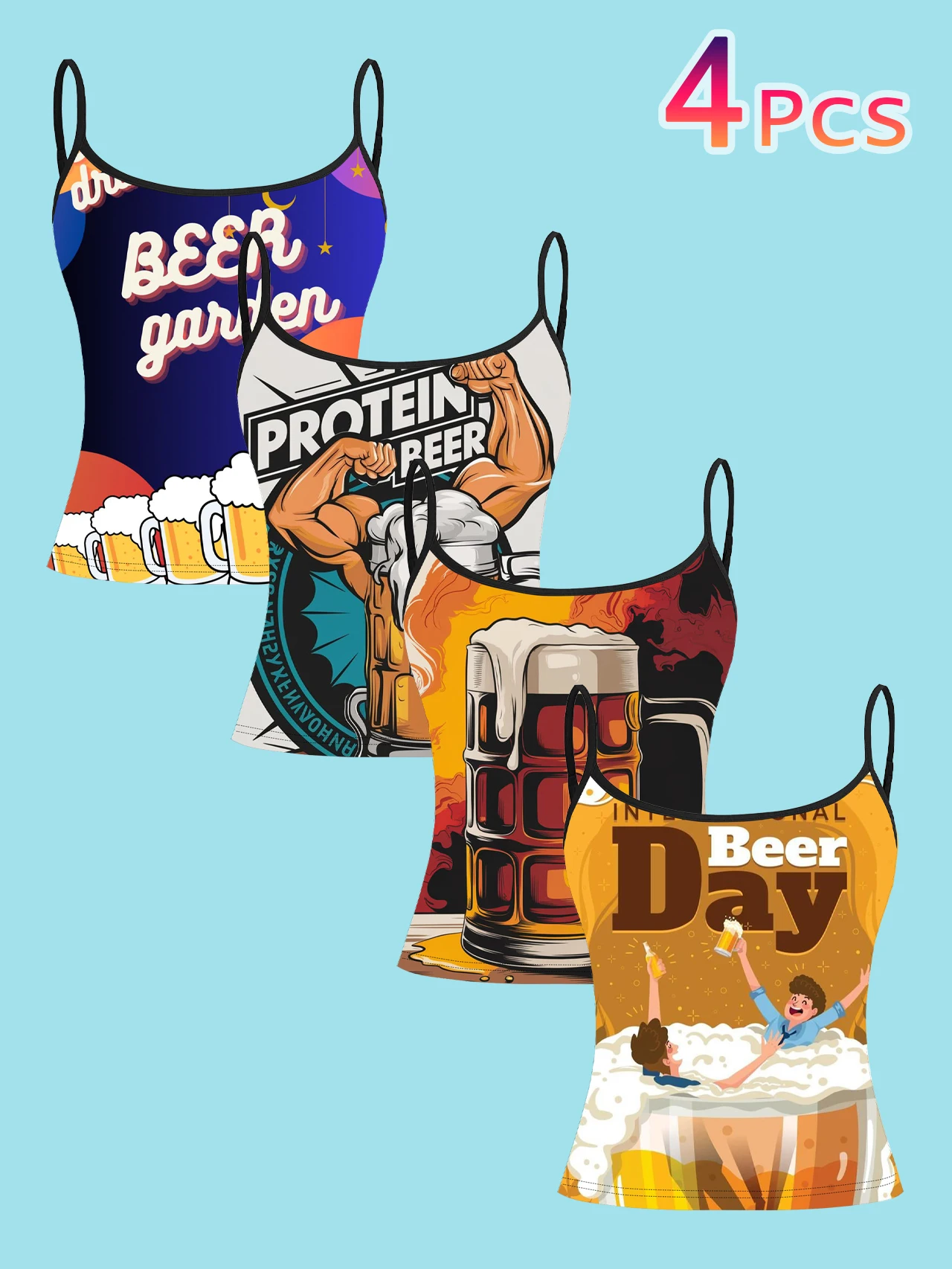 4-Piece Set of Vintage Oktoberfest English Slogan Women's Tank Tops, Fitness Muscle Beer Mug Cartoon Print Slim-Fit Spaghetti Strap Short Tank Tops
