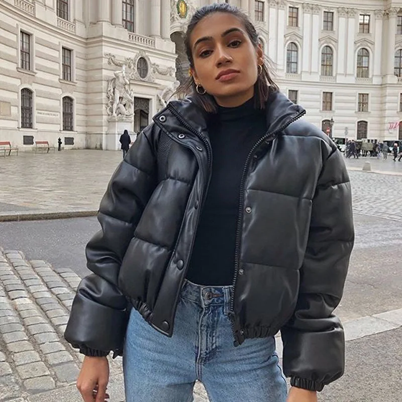 

2025 Autumn Winter New Leather Jacket Plus Size Women's Cropped Stand Collar Leather Cotton Jacket