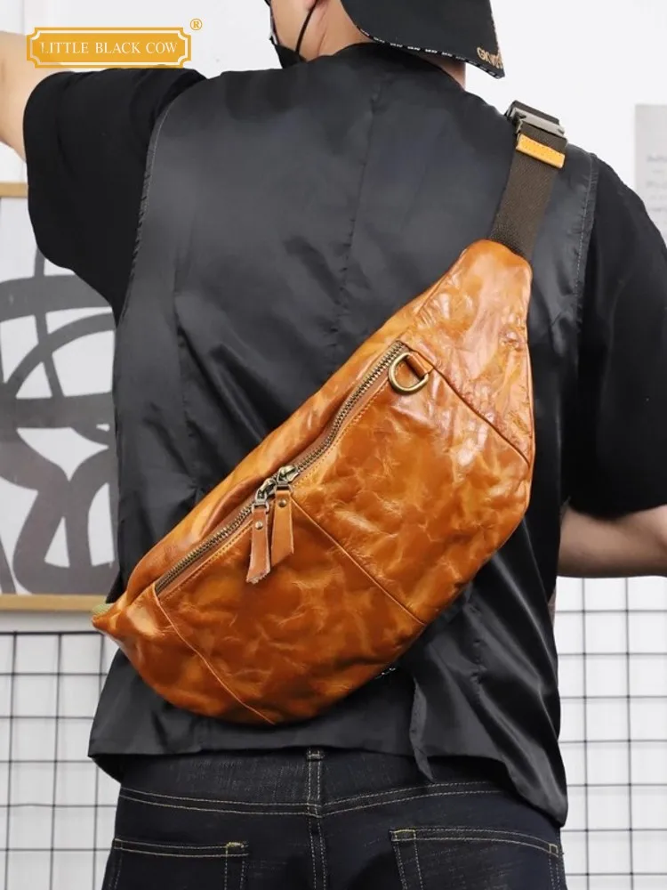 

Large Capacity Men Motorcycle Spliced Cowhide Genuine Leather Crossbody Bag Vintage Strap Chest Bag Outside Travel Shoulder Bags