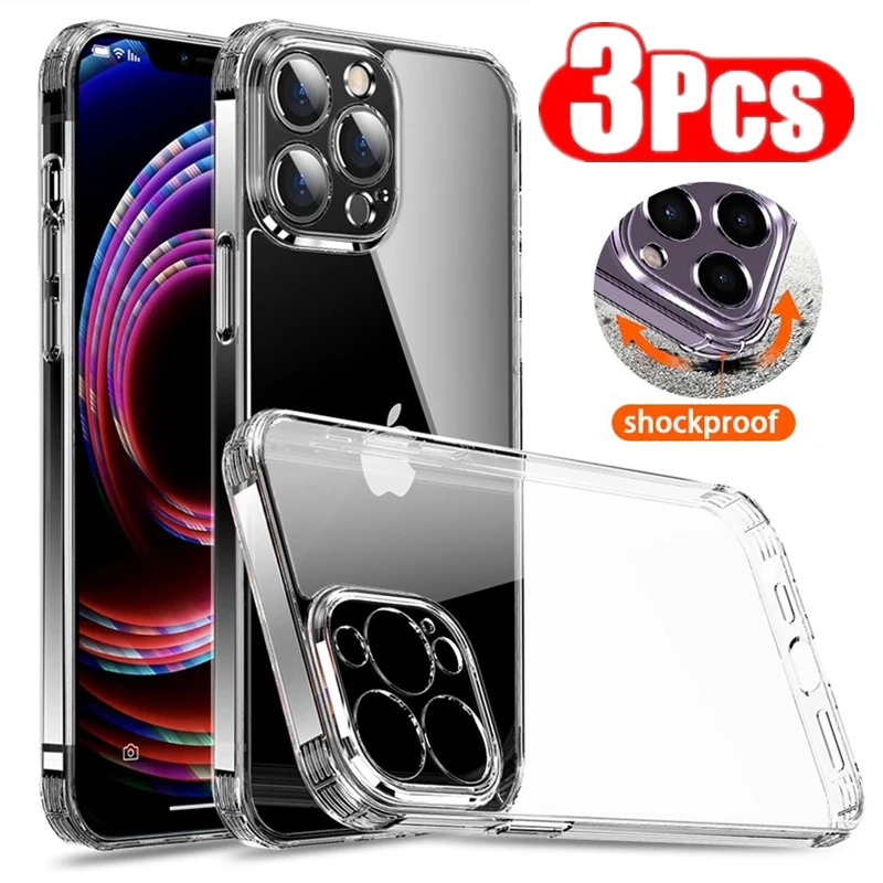 

3Pcs Shockproof Silicone Clear Phone Case For iPhone 16 11 12 13 14 15 Pro Max Lens Protection Back Case For IPhone16 Plus case