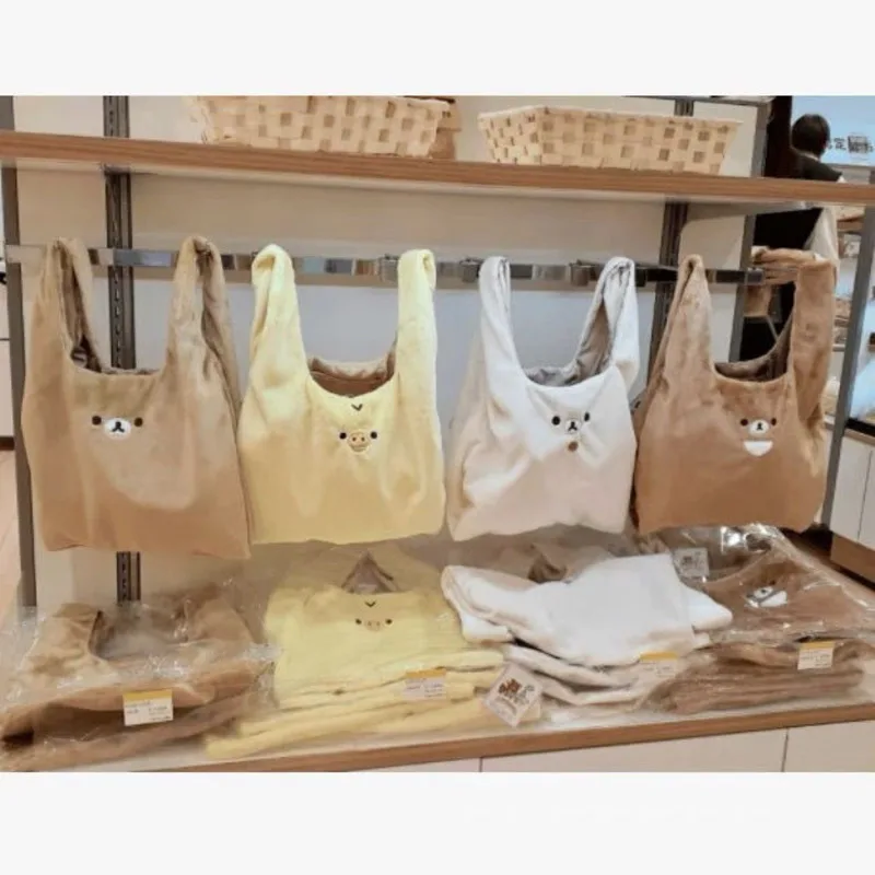 Rilakkuma sacola de pelúcia fofa ursinho bordado sacola de compras elegante bolsa de lã com tema animal bolsa criativa ecológica