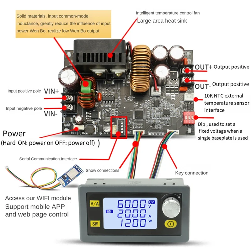 Convertitore boost antipertensivo CNC da 1200 W DC 6-70 V Ingresso alimentatore regolabile Modulo di ricarica solare a tensione costante