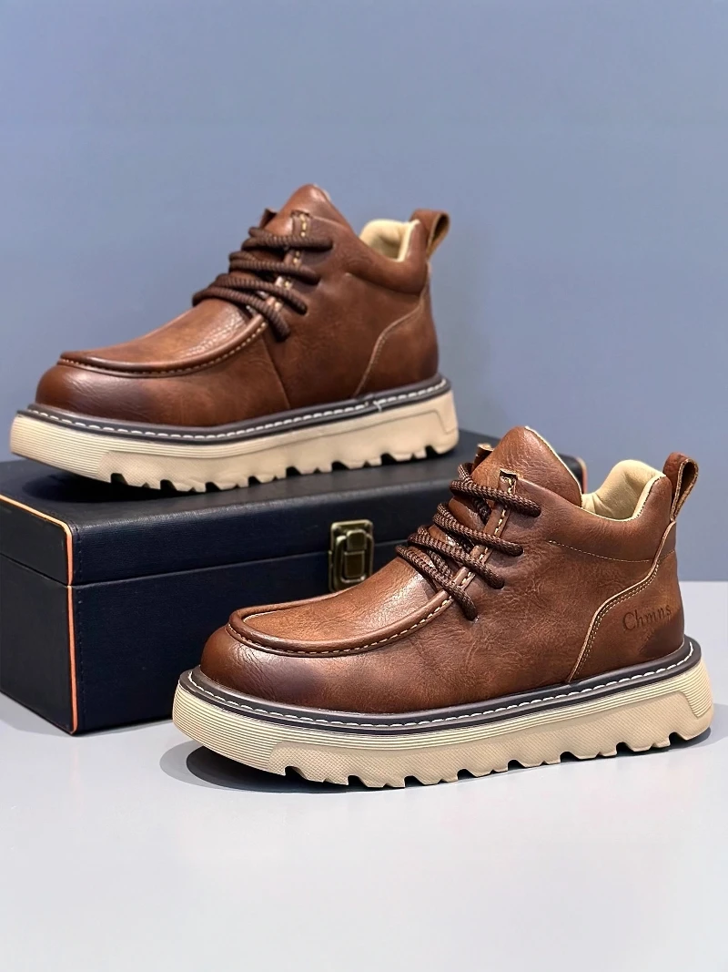 

Men's High-Top Casual Shoes Leather Surface Thick Bottom Heightening Winter Wear-Resistant Short Boots Leisure Style