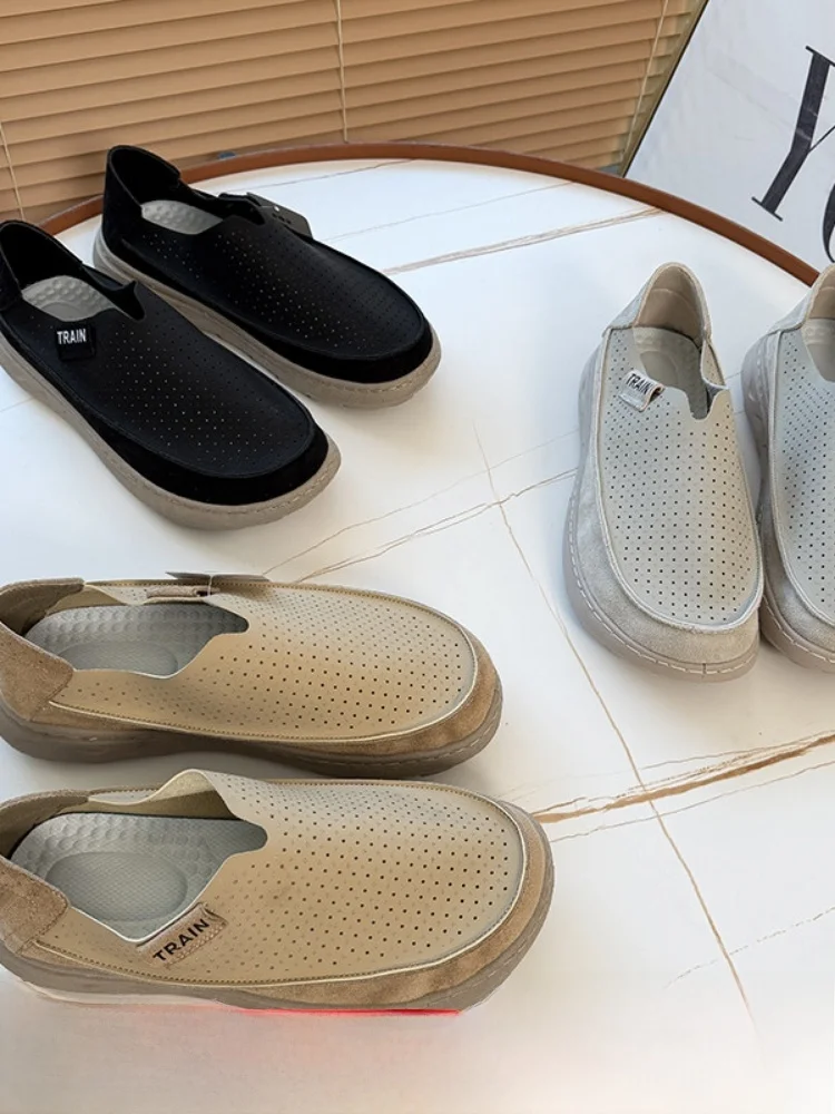 Laser-Pierced Slip-On Comfortable Breathable Men's Summer Fashionable Rubber-Soled Casual Shoes Low-Top Flat-Winged Round-Toe