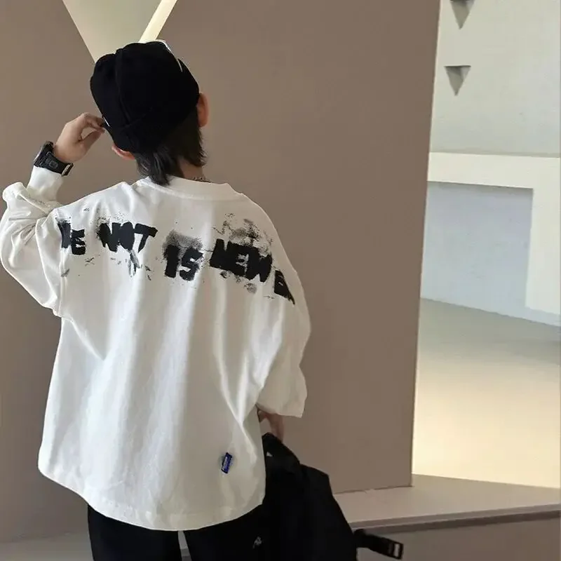 

Футболка для мальчиков, осенний наряд с длинными рукавами, новая детская базовая рубашка среднего размера, корейская версия, детский топ в стиле хип-хоп