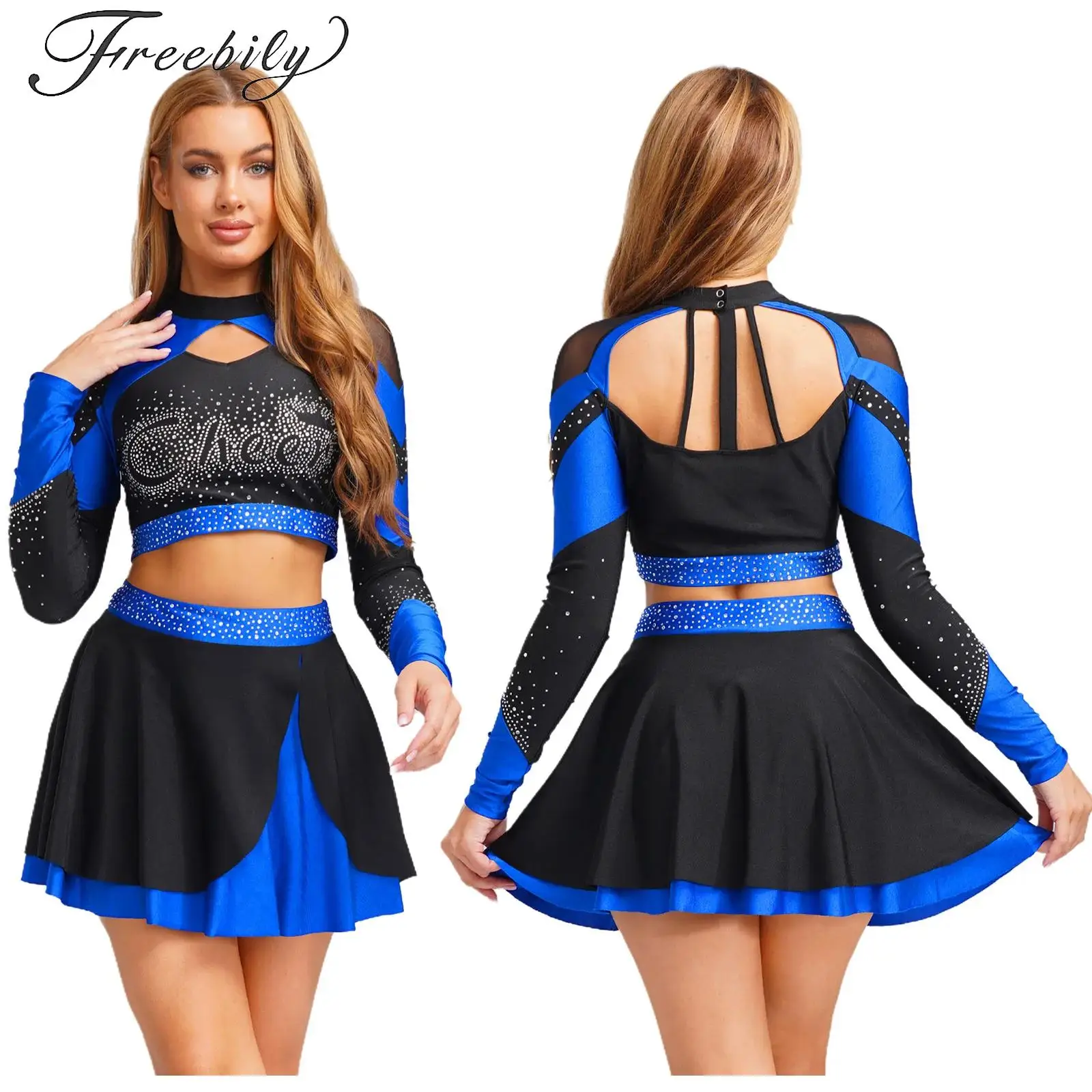 

Rhinestone Cheerleader Costume Outfit Set Womens Shiny Halloween Cheerleading Hollow Out Crop Top+Skirt Cheer Uniform Match Suit