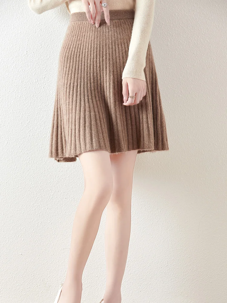 Women's Wave Short Skirt 100% Merino Wool Mini Skirts Autumn Winter Sweater Umbrella Skirt High Waist Stretch Sweet Knit Dresses