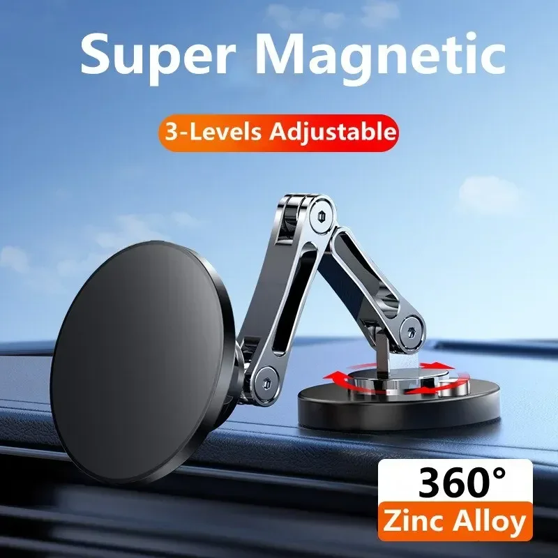 Magnetic Car Phone Holder Stand Dashborad Alloy Foldable Magnet Car Mount Smartphone Mobile Bracket For iPhone 15 Samsung Xiaomi