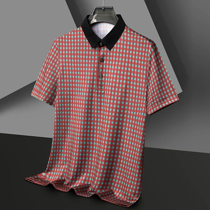 Men\'s Plaid Badge Short Sleeve POLO Shirt Casual Summer Top New Arrivals