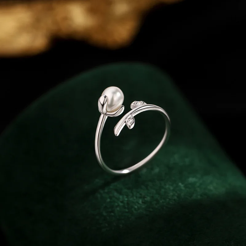 Fashionable Exquisite 925 Sterling Silver Opening Adjustable Flower Tree Bud Pearl Ring for Woman Designer Jewelry Accessories