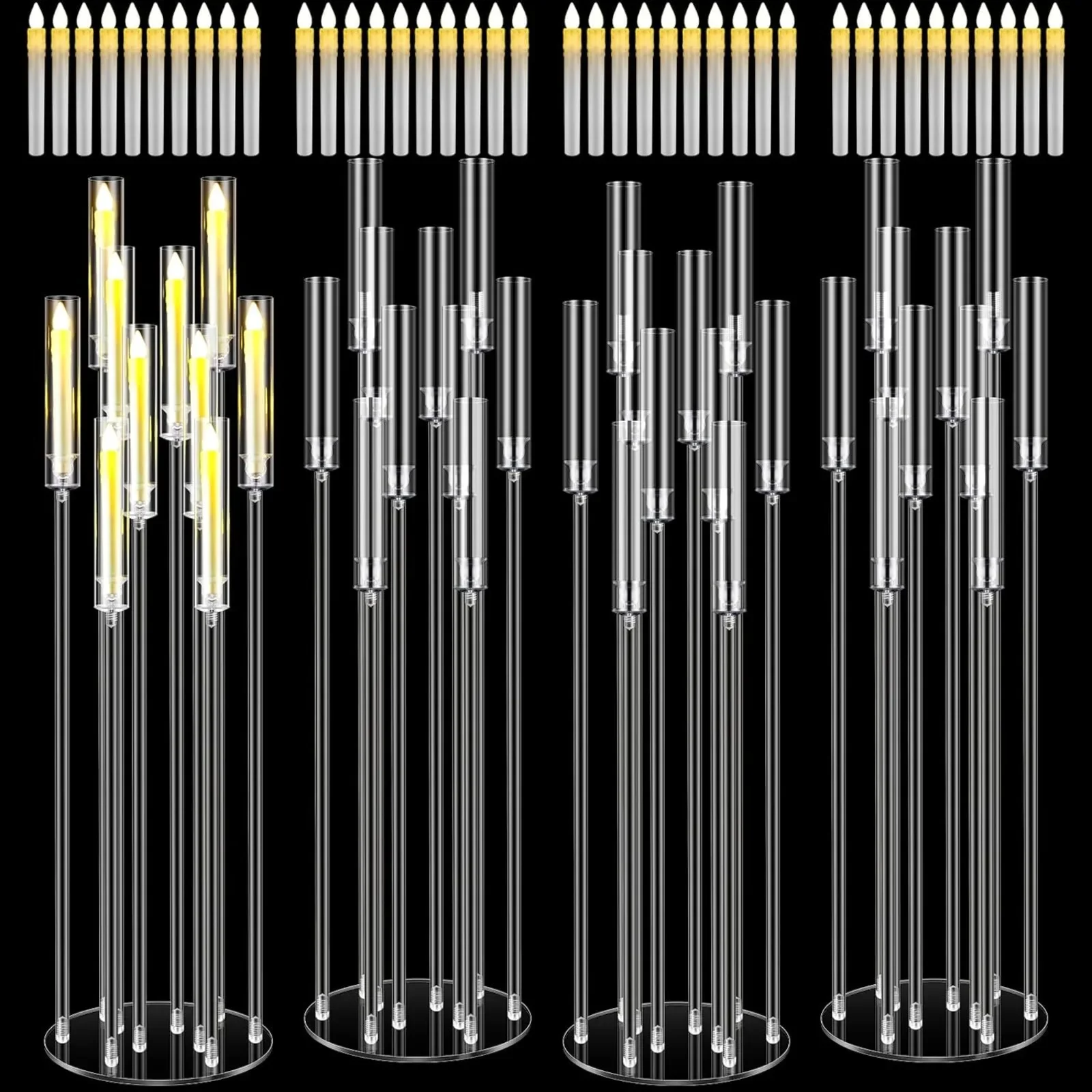 

US 4 Pcs 10 Arm Acrylic Floor Candelabras Centerpieces with 40 LED Candles 46.5'' Wedding Candle Holder Clear Candelabra with