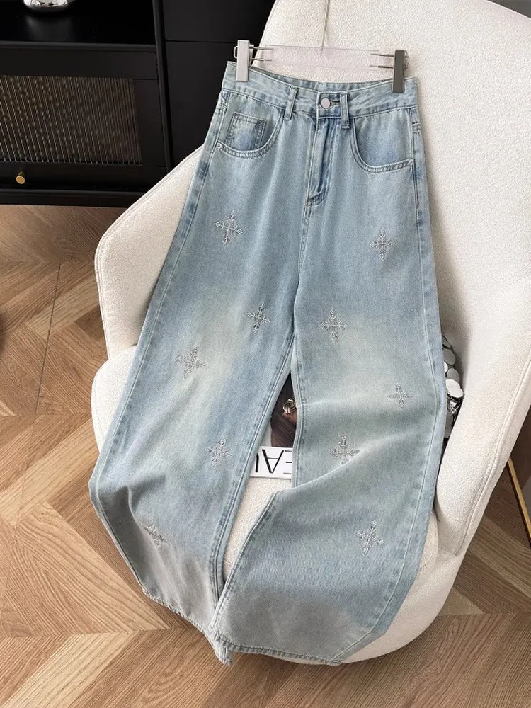 

Light Embroidered Cross Design Men's Jeans Loose Straight Leg Wide Leg Casual Trousers Spring Summer New Sle Faion Sensation