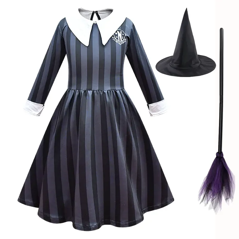 Girls Addams Witch Cosplay Dress Hat Broom Wednesday Addams Costume Cosplay Suit