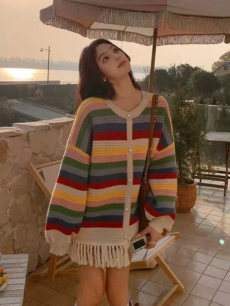

Корейский полосатый вязаный кардиган для женщин Y2K, осенний свободный однобортный трикотаж с длинными рукавами, модные женские пальто с кисточками и круглым вырезом