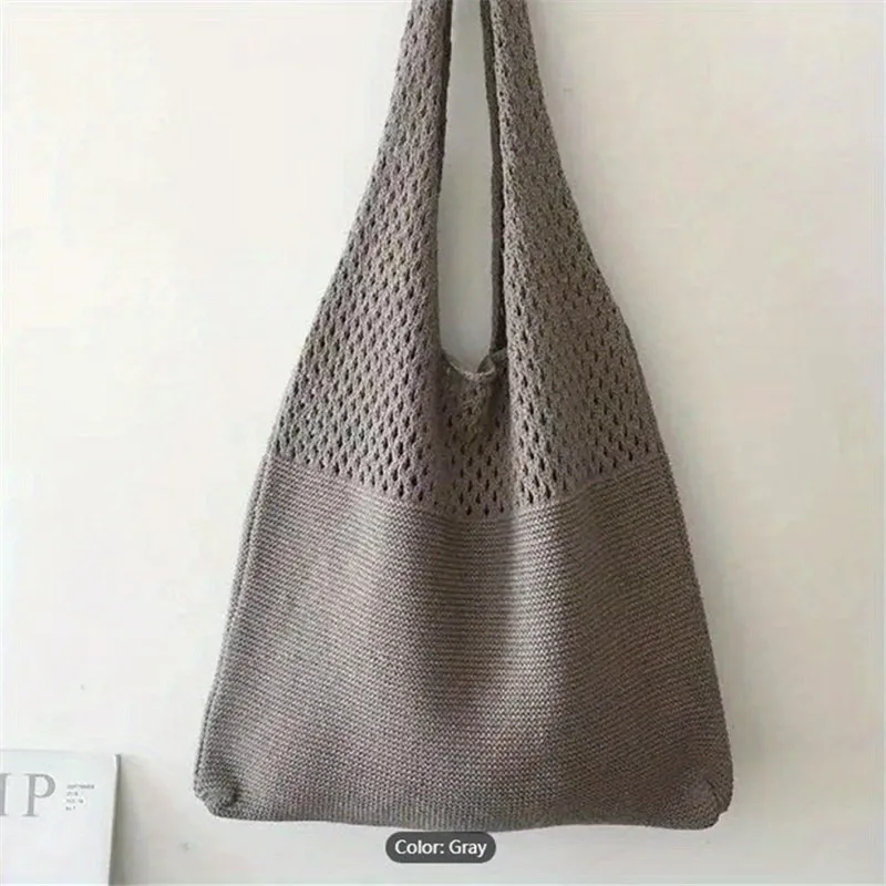 Ästhetische, ausgehöhlte Häkel tasche, Umhängetasche mit großer Kapazität, einfache gestrickte Einkaufstasche für Frauen – Detail 11