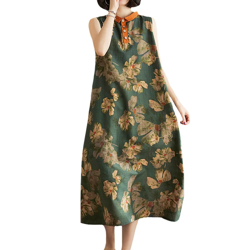 Amax luluE Chińska Elegancka Sukienka Bez Rękawów Letnia Damska Moda Drukowana Luźna Sukienka Damska Luksusowa Codzienna Lniana Długa Sukienka Vestidos — zdjęcie 2