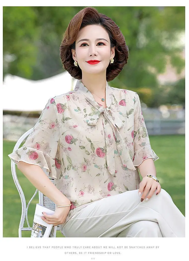 Chiffon Short-sleeved T-shirt Small Shirt New Mother's Day Fashion High-end Middle-aged and Elderly Women's Two-piece Set