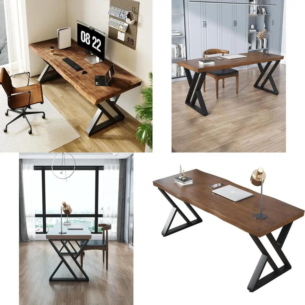 

Wide 55 Solid Wood Home Office Desk with Metal Frame, Rustic Brown Industrial Style Writing Table