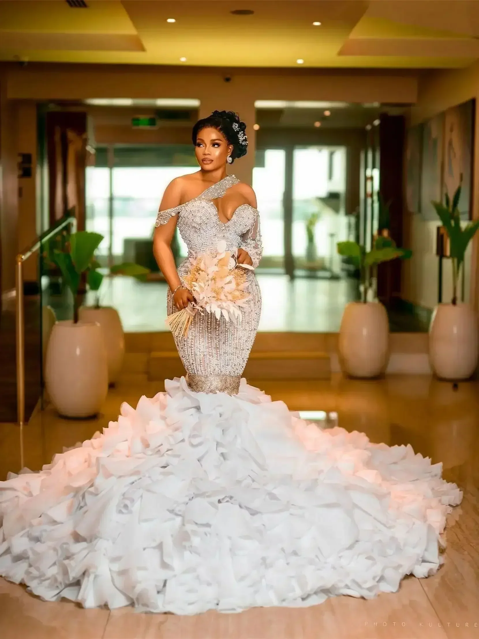 Customized Plus Size Mermaid Wedding Dress Tailored Beads One Shoulder Crystal Wedding Gowns Ruffles Sweep Train Illusion Bridal
