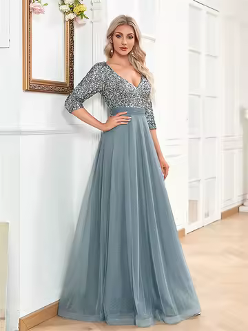 Luxury Floor Length V-Neck Tulle Evening Dress 2025 Women Elegant Party Maxi Dress Sequin Short Sleeves Prom Cocktail Gown