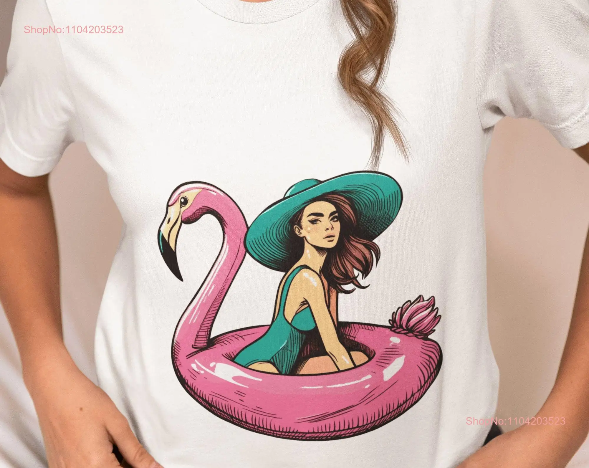 Camiseta de verano para mujer en traje de baño verde azulado en flotador de flamenco rosa, ropa perfecta para fiesta en la piscina en la playa, Idea única, vacaciones divertidas