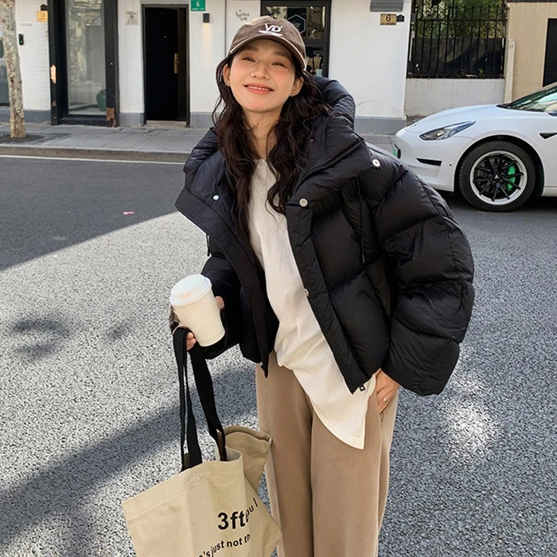 Bladerdeeg korte donskatoenen jas voor dames Winter 2025, nieuwe koffiekleur Kendall Jenner, hoogwaardige verdikte pufferjas