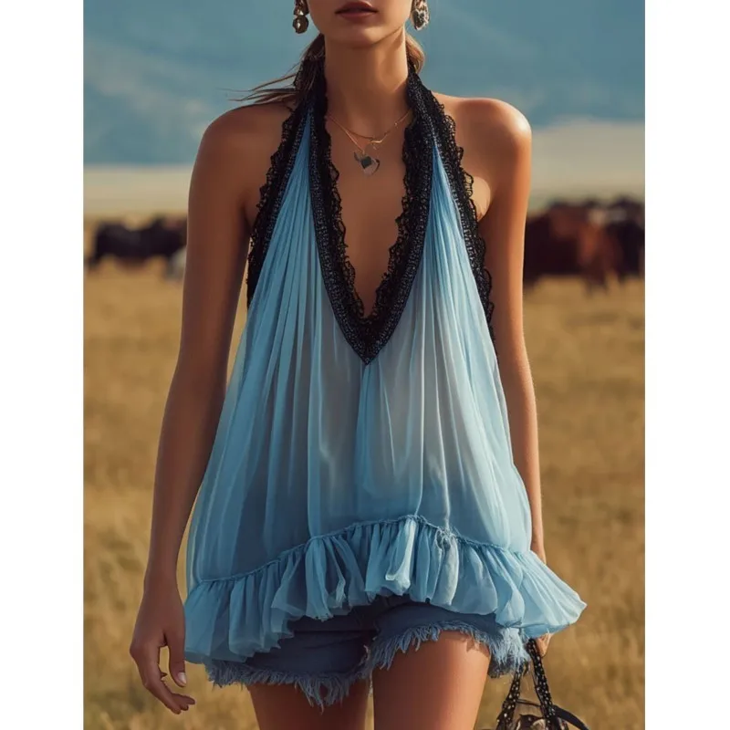 

Women's Boho Tank Blouses Summer Fashion New Western Vintage Black Lace Blue Sleeveless Chiffon Shirts V-neck Loose Tops Women