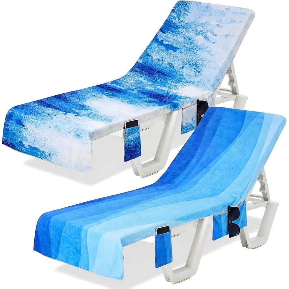 2 Fundas de Toalla para Silla de Piscina con 3 Bolsillos, 85 x 30 Pulgadas, Toallas de Microfibra para Sillas de Playa o Piscina, Fundas para Tumbonas o Exteriores