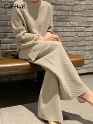 CJFHJE New Knitted Sweater Suit Women Elegant Solid O-Neck Pullovers Wide Leg Pants Suit Lady Winter Soft 2 Piece Set Homewear