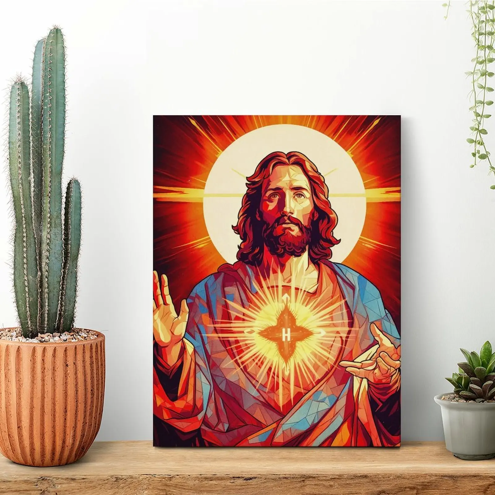イエス・キリスト-水彩画-キャンバス絵画-錆びた風合い-カスタムメイド-面白いパーティー用-額縁付き壁掛け絵画