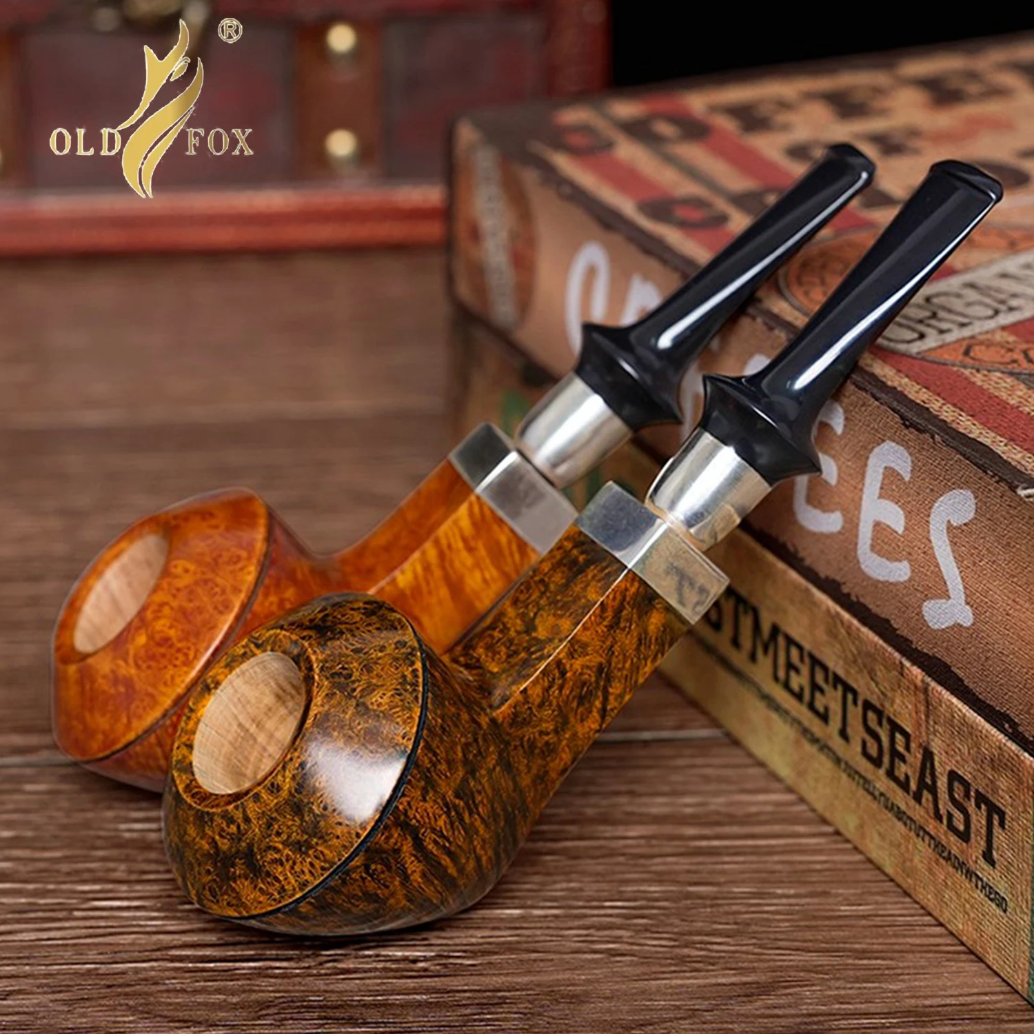 OLD FOX Hand Carved Briarwood Tobacco Pipe Straight Handle Metal Band Fathers Day Gift Set With Cleaning Accessories