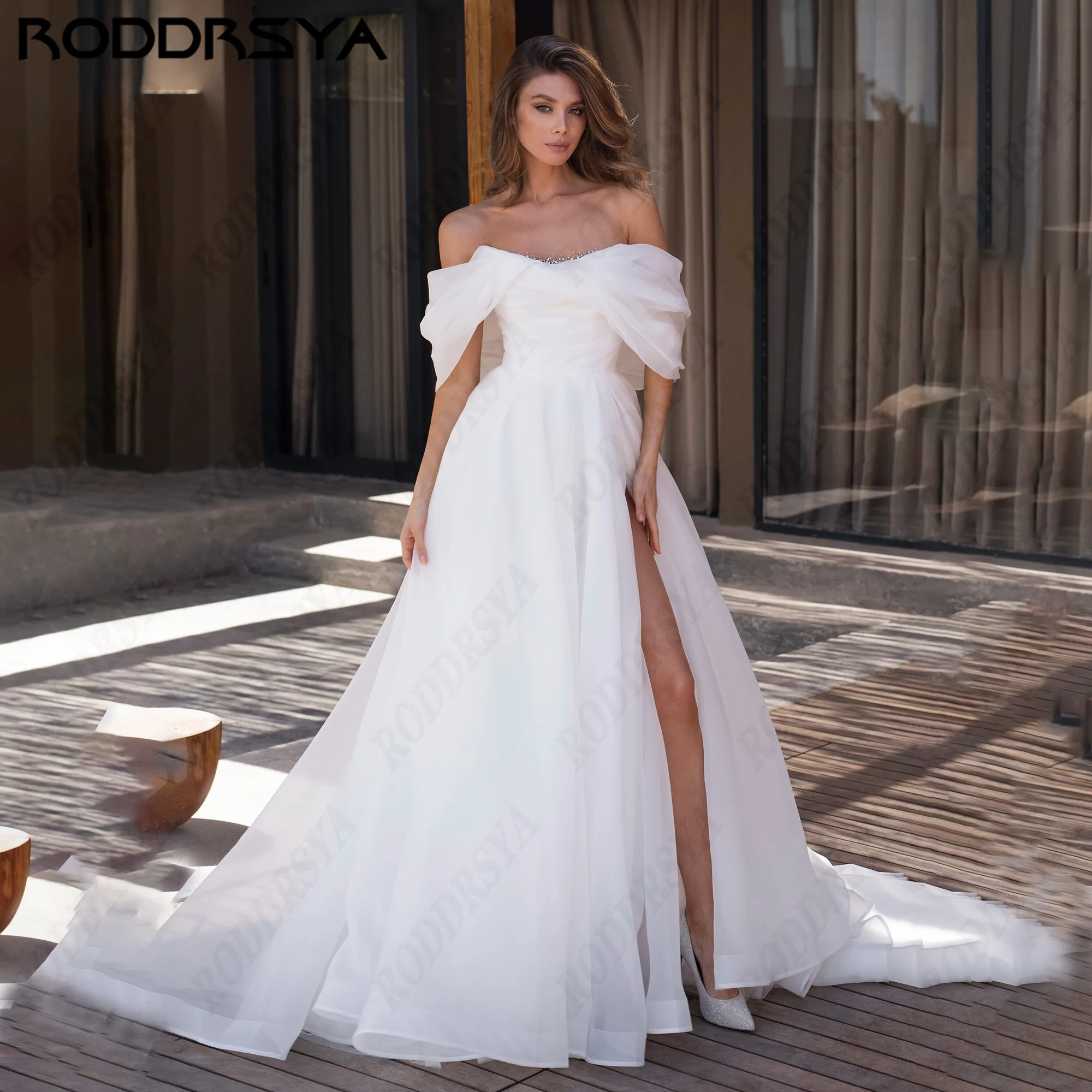RODDRSYA Organza Off Shoulder Bridal Gown Beaded Neckline Ruched Bride Dresses A Line Side Slit Elegant Wedding Dress Customized