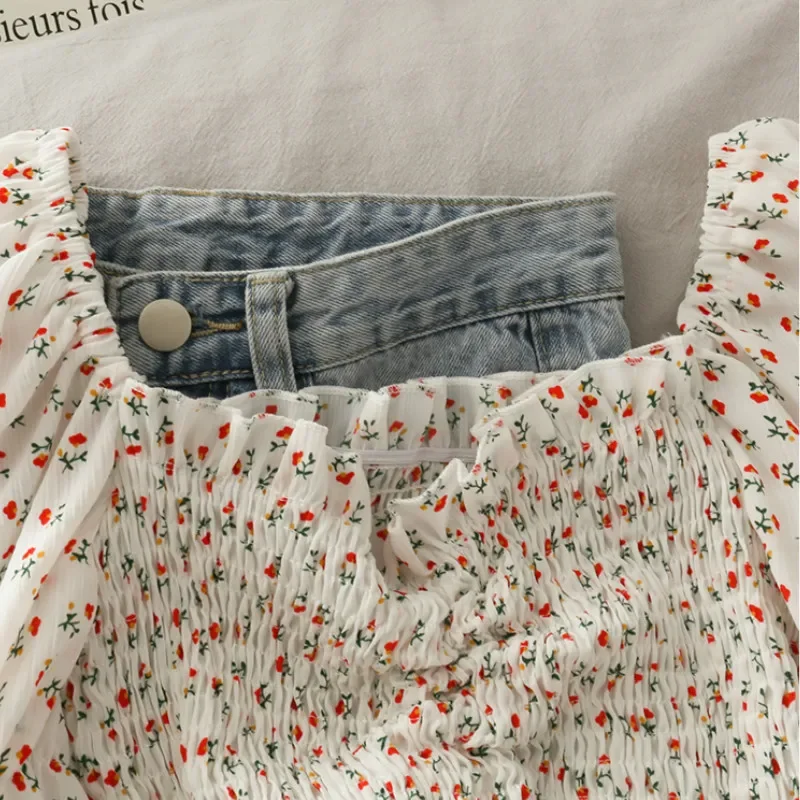 Blusas con cordones florales para mujer, Top corto plisado con volantes, ajustado, Sexy, elegante, FRANCÉS