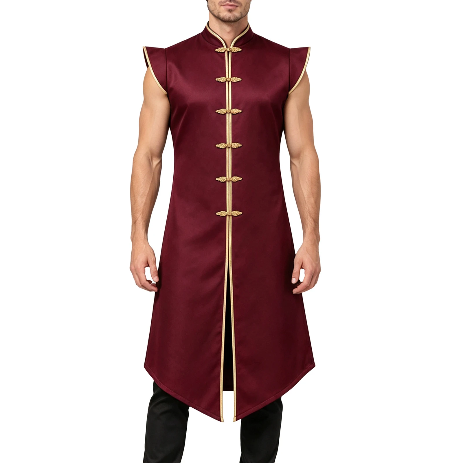 Men Medieval Long Vest Cap Sleeve Knot Button Satin Tunic Coat for Renaissance Fair Halloween Theme Party Steam-punk Jacket Coat