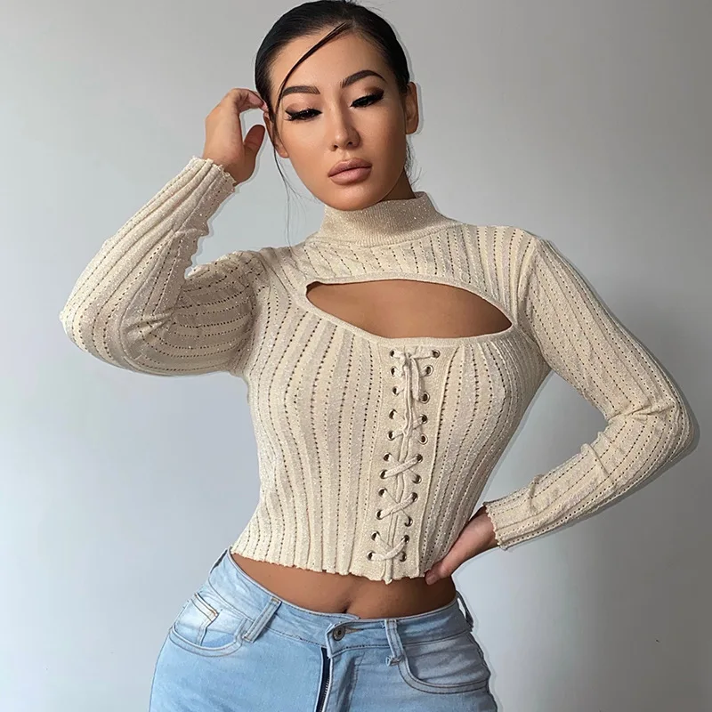 

European and American Women's New Style Autumn and Winter Half High Neck Open-chested Sweater with Long Sleeves Blouse