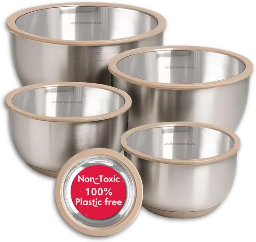 

Non-Toxic Mixing Bowls Set with Lids, Stainless Steel & Glass, 5 Pcs Dishwasher Safe Bowls with Silicone Non-Slip Base