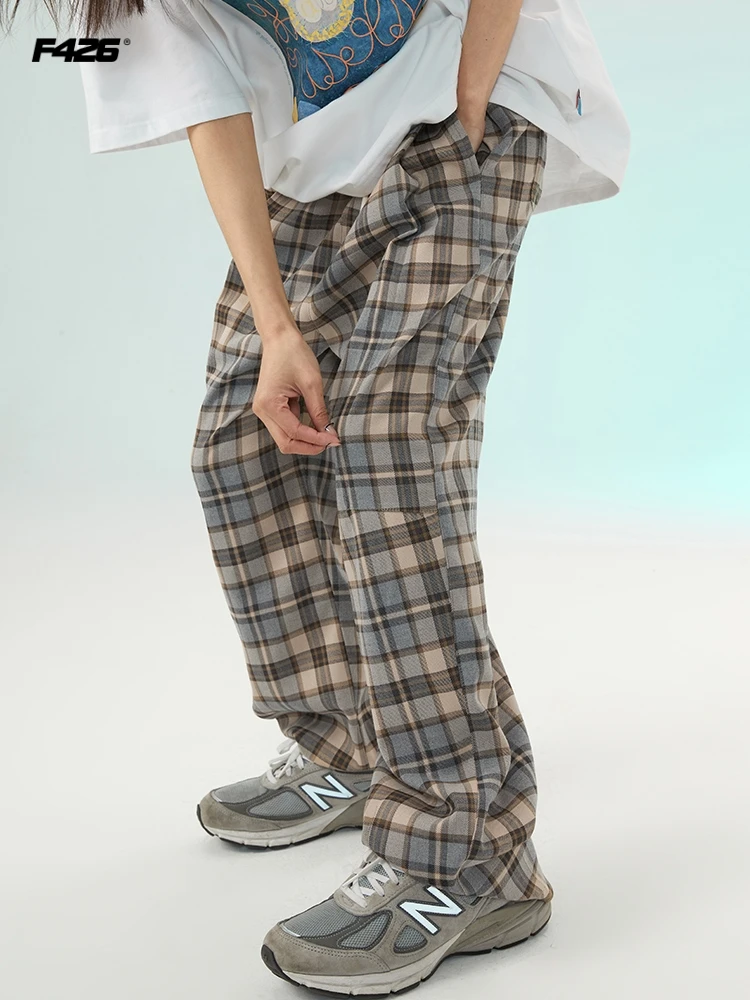 

F426 Retro Loose Casual Plaid Long Pants Straight Leg Streetwear Vintage Hip Hop Summer Trousers for Couples Youth Faion