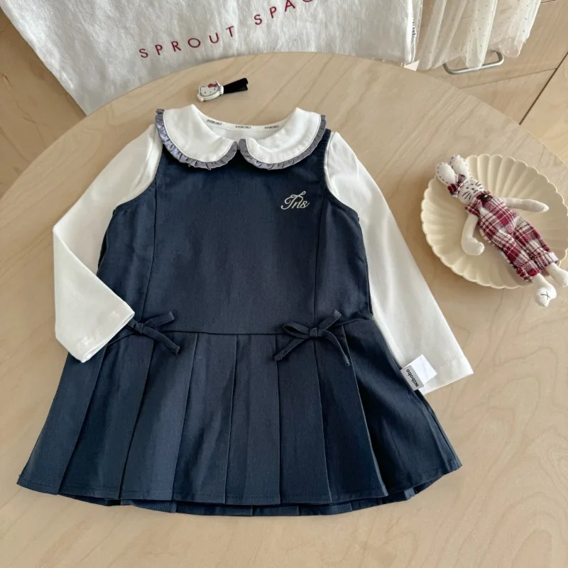 

Girls Dress Set Autumn New Item Doll Collar Shirt Woolen Embroidery Pleated Skirt Bow Decoration College Style