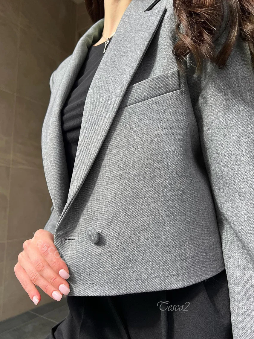 Tesco Grey Short Blazer Suit for Women Fashion Casual Long Sleeve Office Lady Jacket All Match Women's Coat ropa de mujer