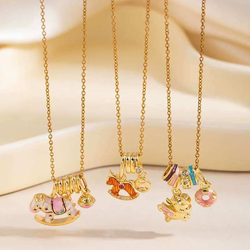 

925 Sterling Silver New Angel Horse Hoop Necklace for Women Pendant Sweet Colored Choker Chain Party Jewelry Gift