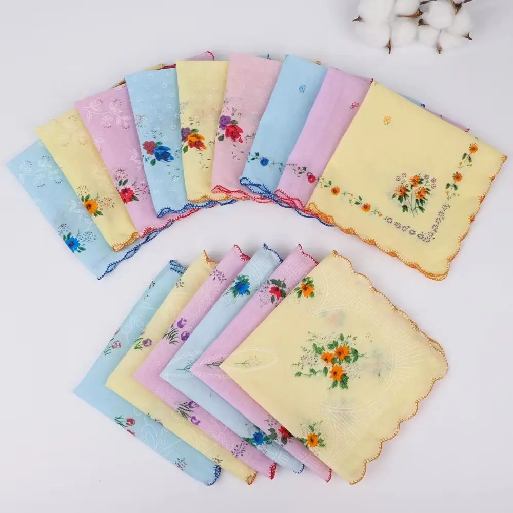 12Pcs Vintage Style Women's Printed Handkerchiefs Sweat Absorbent 28x28cm Square Hand Towel Breathable Lightweight