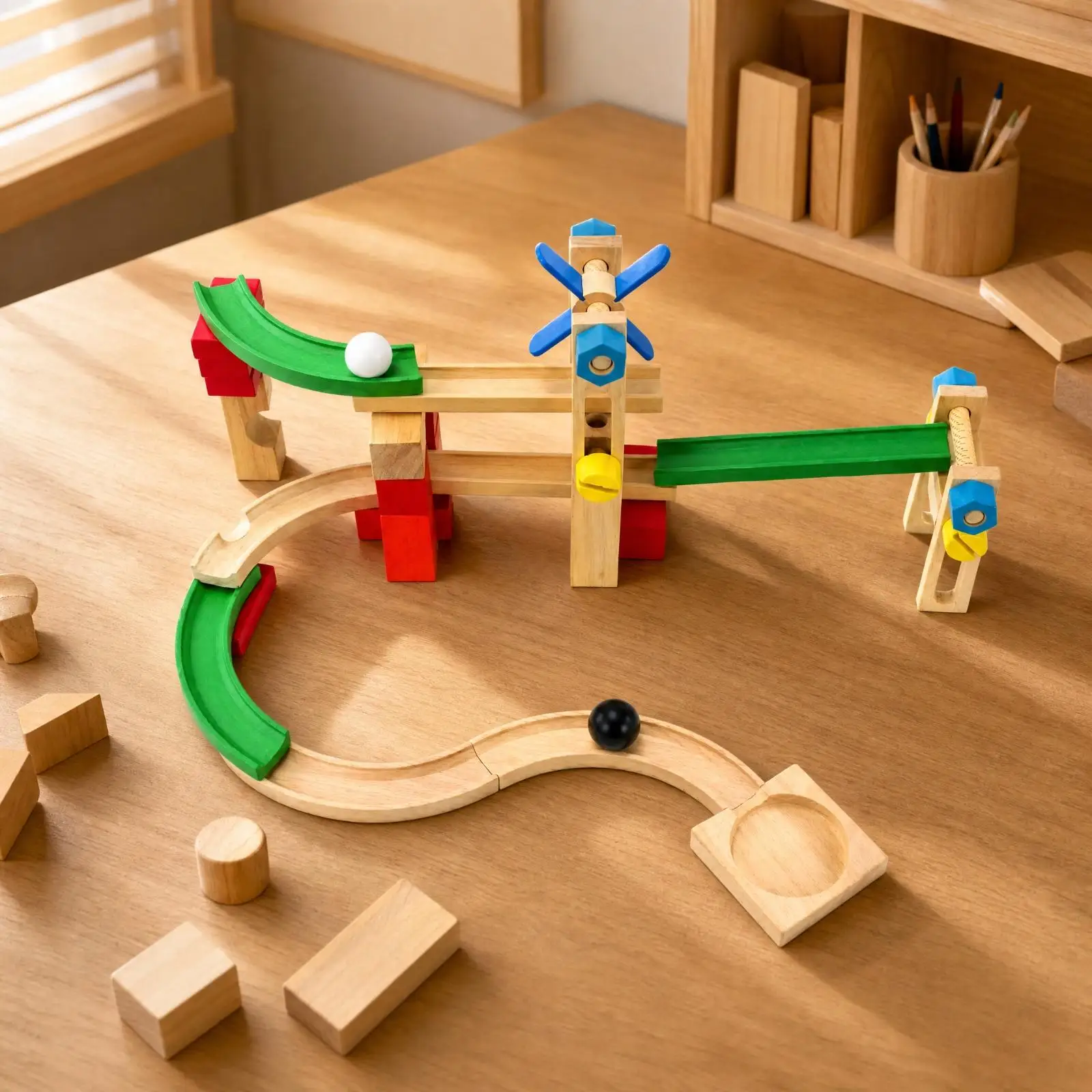 Wooden Marble Roller Coaster Track Set Fine Motor Skills Birch Wood Marble Run Toy Wooden Ramps Track Building Set for Playroom,