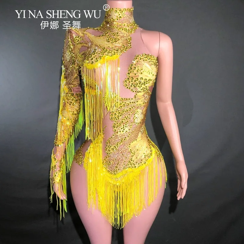 

High Luxury Latin Dance Dress Women Dance Costume Jumpsuit Sexy Skinny Jazz Dance Show Stage Wear Fringes One Shoulder Bodysuit