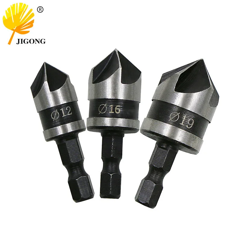 90 degree carbon steel hexagon shank five-edge chamfer three-piece set 12/16/19mm chamfer countersink woodworking hole opener