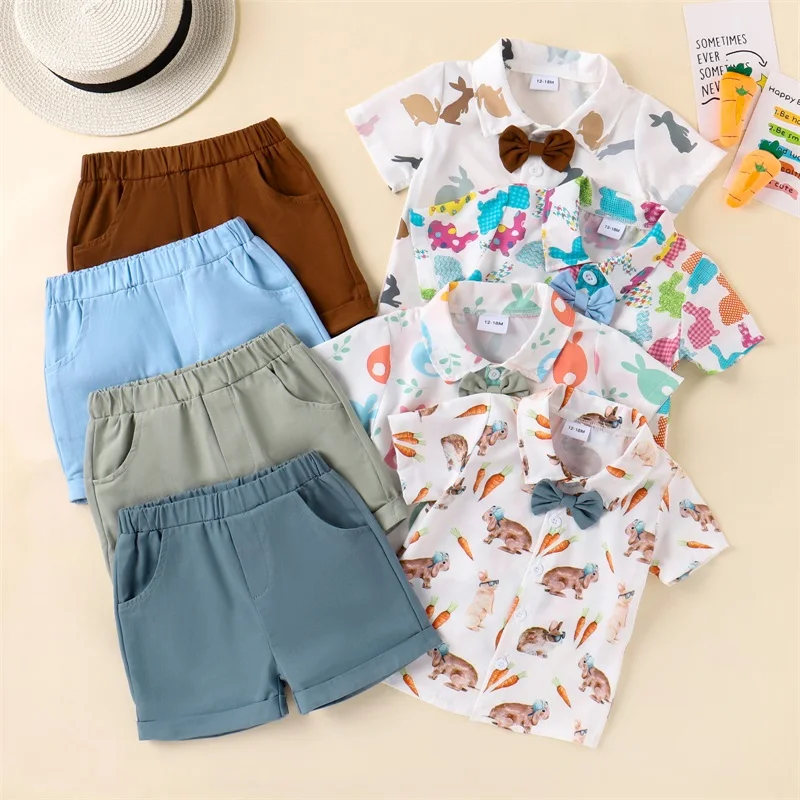 

2024-01-09 Lioraitiin Toddler Baby Boy Easter Outfit Lapel Button Down Short Sleeve Shirt Elastic Waist Shorts Set Boys Clothes