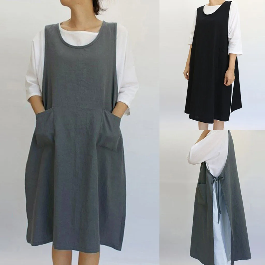 Kitchen Apron Women Cotton Tunic Dress Casual Sleeveless Knee-Length with Pockets Japanese Style Pinafore New 2023