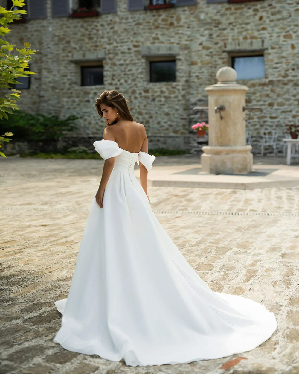 Msikoods Off Shoulder Satin Wedding Dress 2025 Sexy High Slit Customized Women's Wedding Gown Corset Beads Pearls Bridal Dress